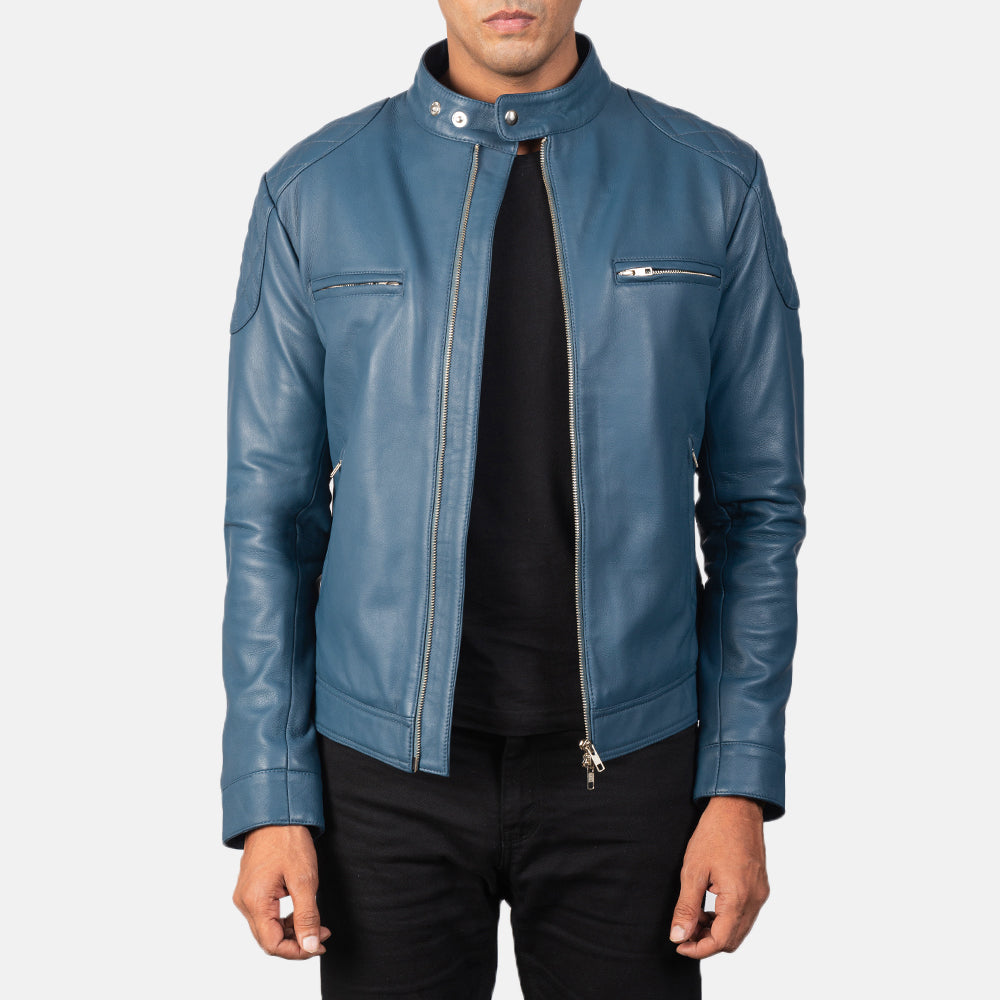 Gatsby Blue Leather Biker Jacket - men's jacket in blue sheepskin leather, view 1