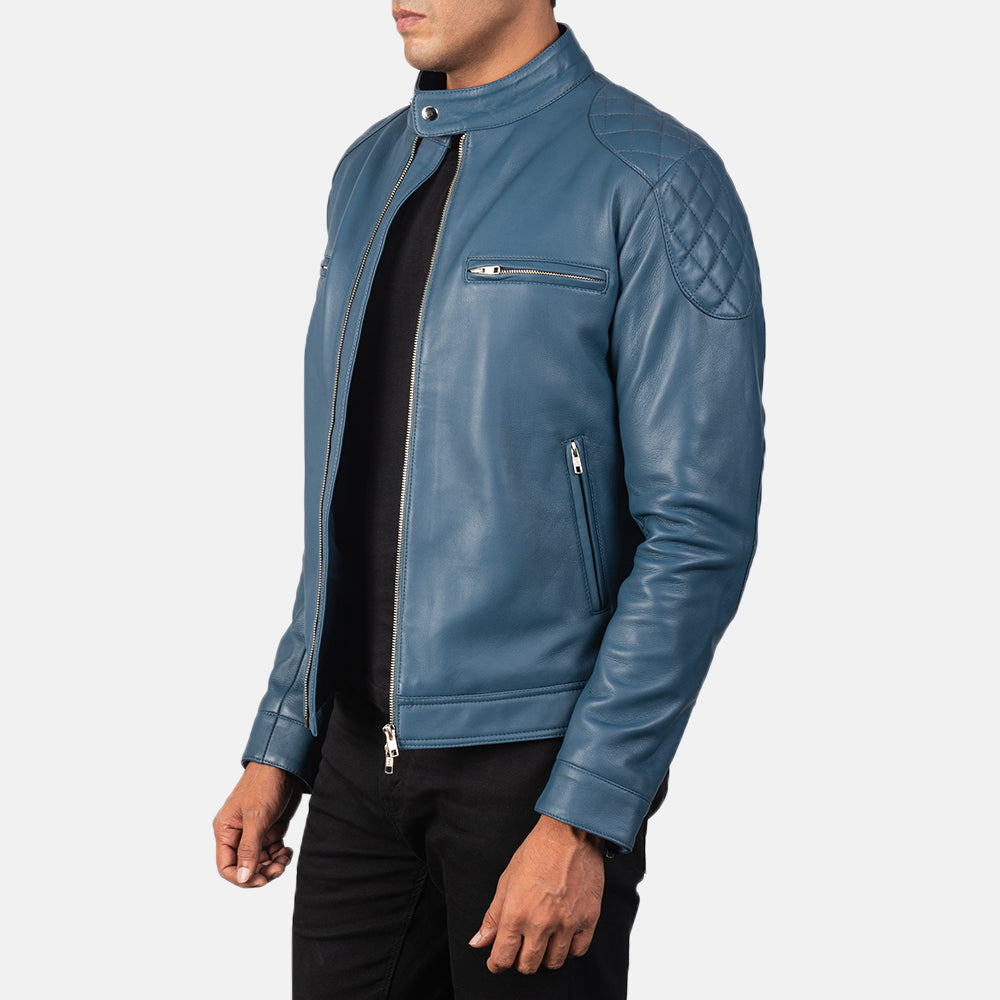 Gatsby Blue Leather Biker Jacket - men's jacket in blue sheepskin leather, view 2