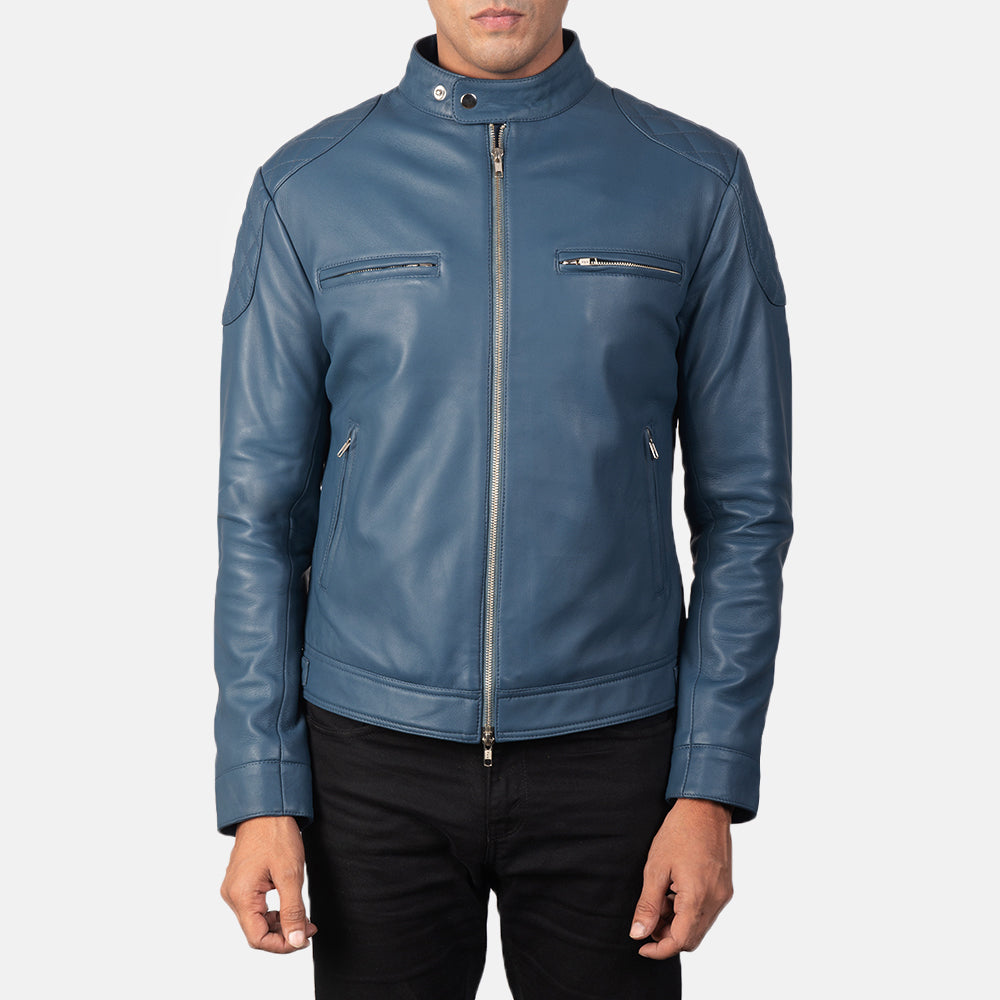 Gatsby Blue Leather Biker Jacket - men's jacket in blue sheepskin leather, view 4