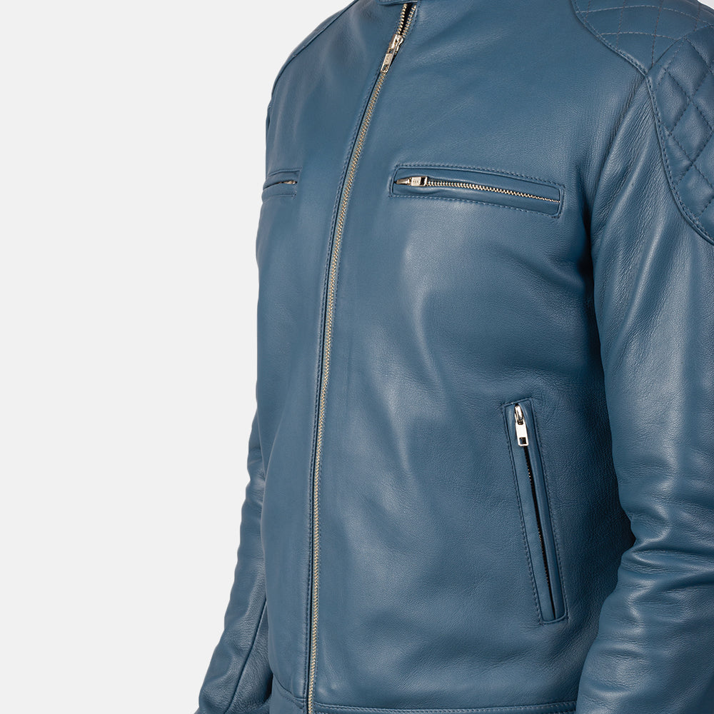 Gatsby Blue Leather Biker Jacket - men's jacket in blue sheepskin leather, view 6