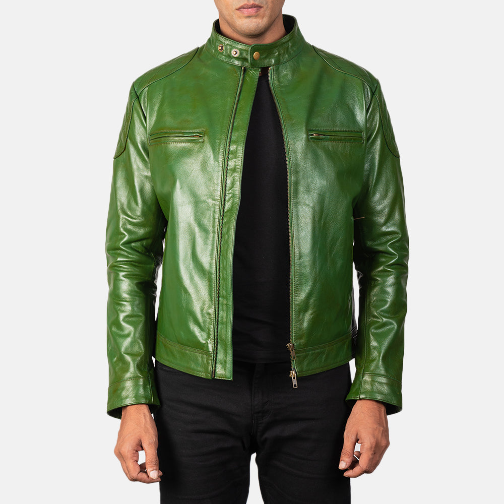 Gatsby Green Leather Biker Jacket - men's jacket in green sheepskin leather, view 1