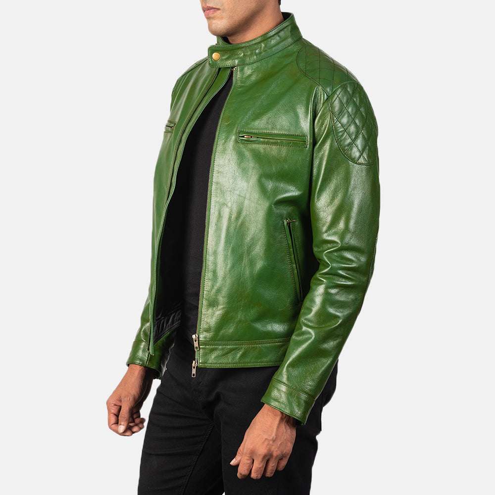 Gatsby Green Leather Biker Jacket - men's jacket in green sheepskin leather, view 2