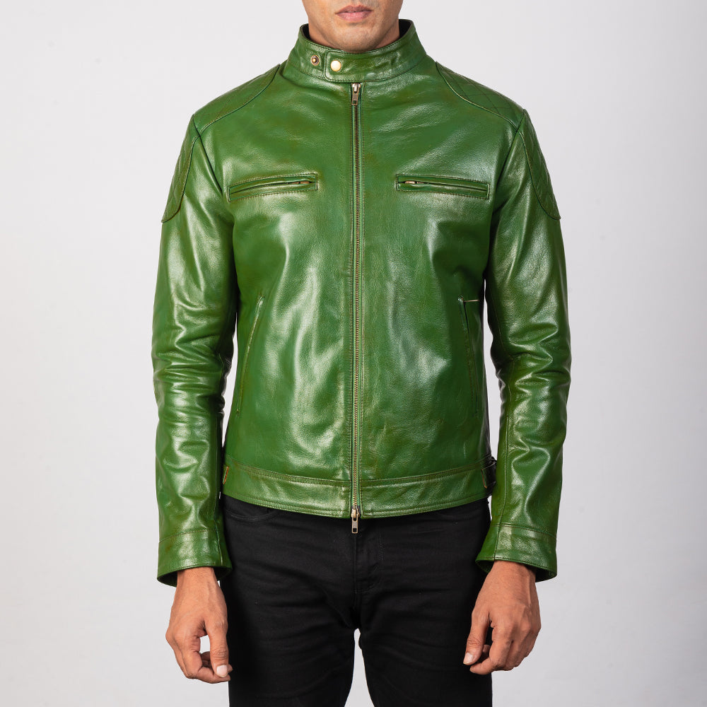 Gatsby Green Leather Biker Jacket - men's jacket in green sheepskin leather, view 3