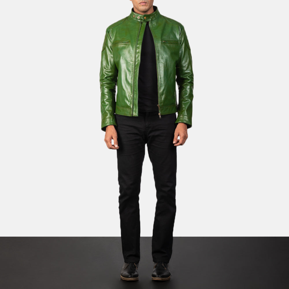 Gatsby Green Leather Biker Jacket - men's jacket in green sheepskin leather, view 4