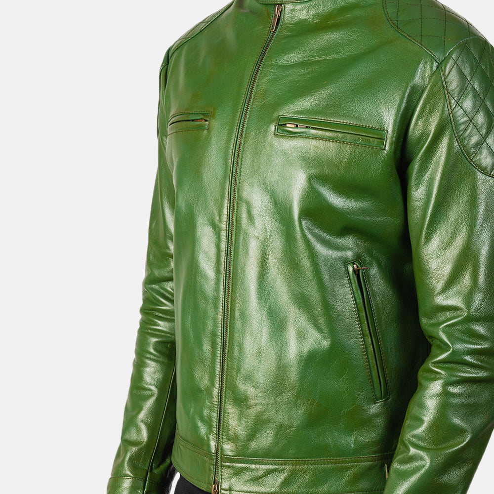 Gatsby Green Leather Biker Jacket - men's jacket in green sheepskin leather, view 6