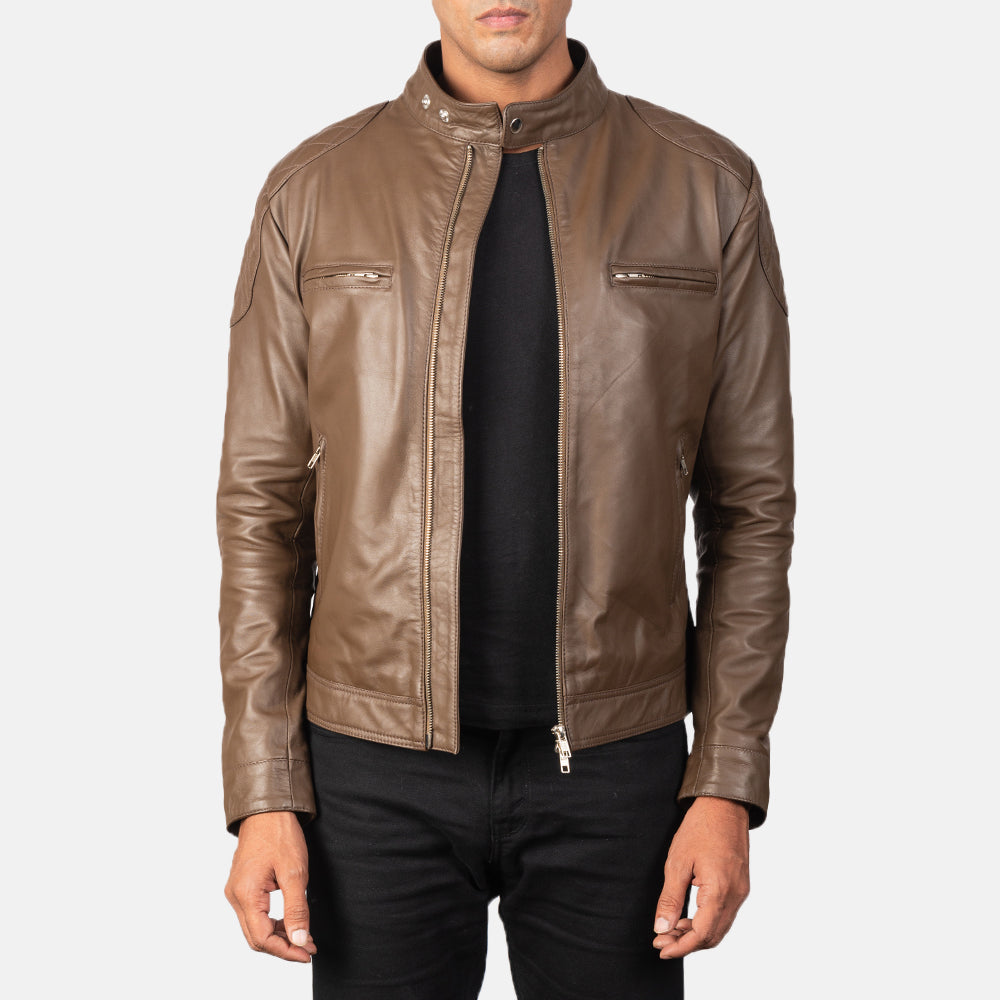 Gatsby Mocha Leather Biker Jacket - men's jacket in mocha sheepskin leather, view 1