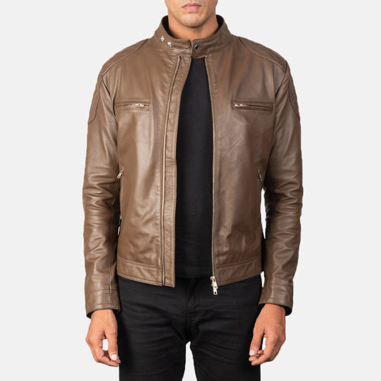 Gatsby Mocha Leather Biker Jacket - men's jacket in mocha sheepskin leather, view 1
