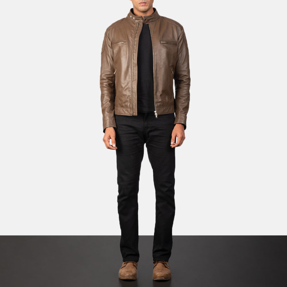 Gatsby Mocha Leather Biker Jacket - men's jacket in mocha sheepskin leather, view 3