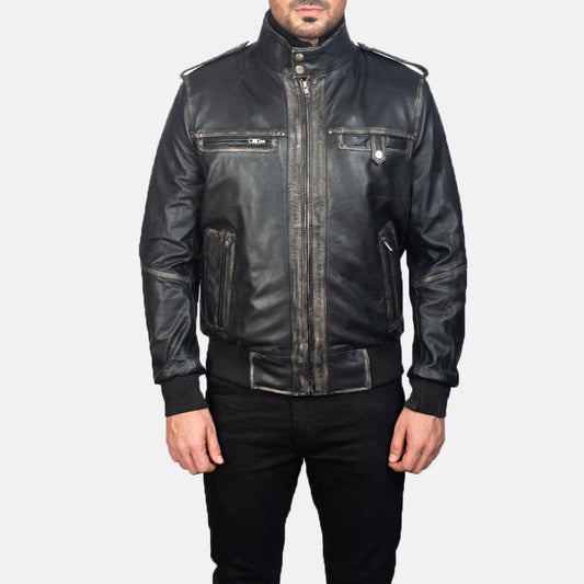 Glen Street Black Leather Bomber Jacket - men's jacket in black cowhide leather, view 1