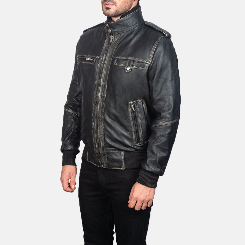 Glen Street Black Leather Bomber Jacket - men's jacket in black cowhide leather, view 2
