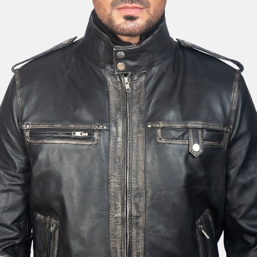 Glen Street Black Leather Bomber Jacket - men's jacket in black cowhide leather, view 3