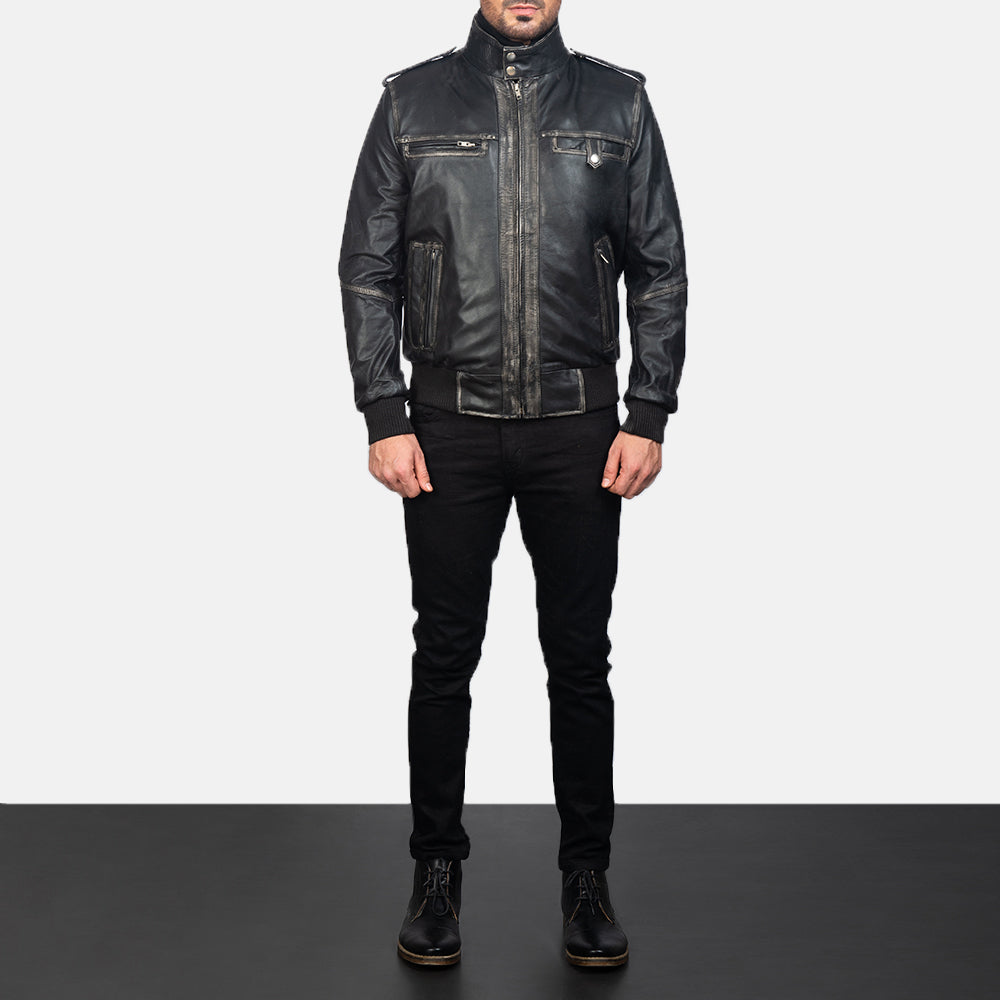 Glen Street Black Leather Bomber Jacket - men's jacket in black cowhide leather, view 4
