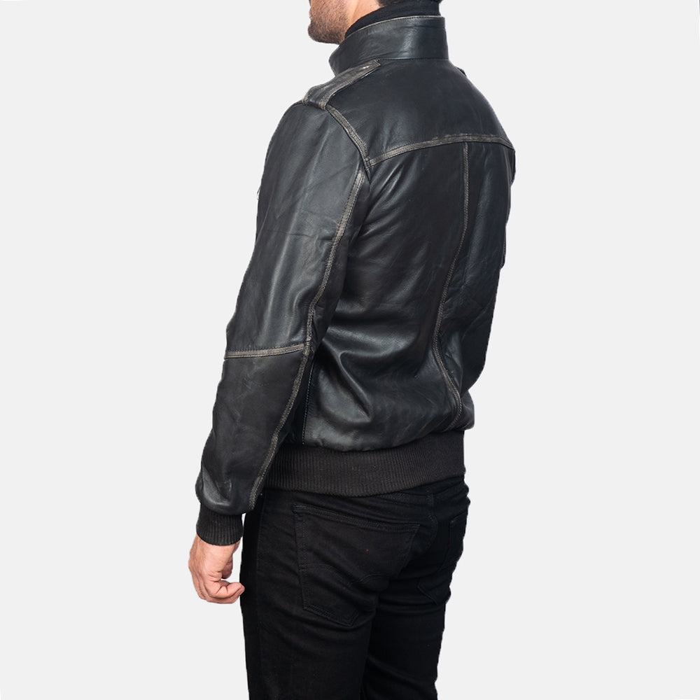 Glen Street Black Leather Bomber Jacket - men's jacket in black cowhide leather, view 5