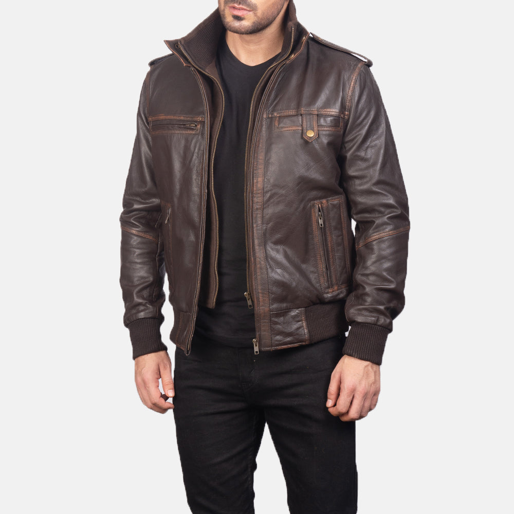 Glen Street Brown Leather Bomber Jacket - men's jacket in brown goatskin leather, view 1