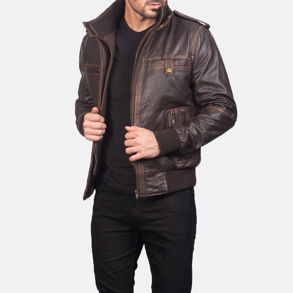 Glen Street Brown Leather Bomber Jacket - men's jacket in brown goatskin leather, view 2
