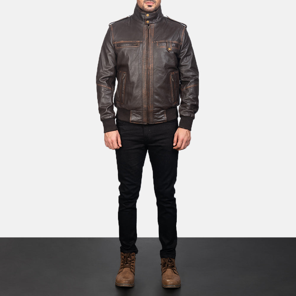 Glen Street Brown Leather Bomber Jacket - men's jacket in brown goatskin leather, view 3