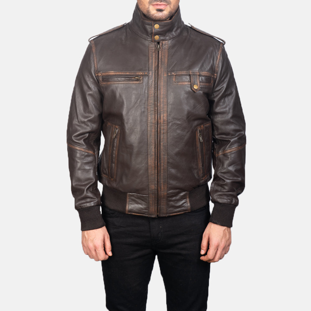 Glen Street Brown Leather Bomber Jacket - men's jacket in brown goatskin leather, view 4