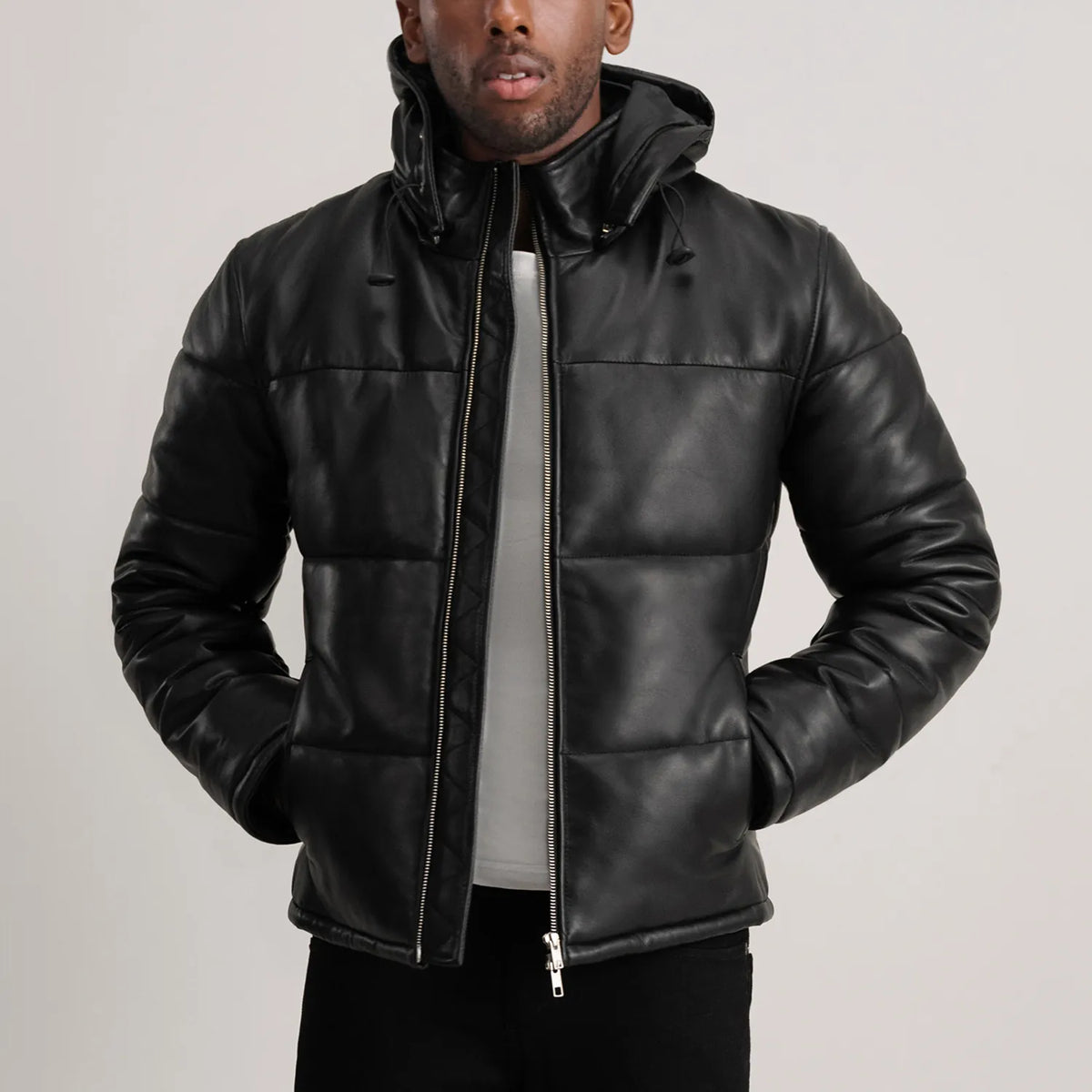 Gordon Black Hooded Leather Puffer Jacket - men's jacket in black sheepskin leather, view 1