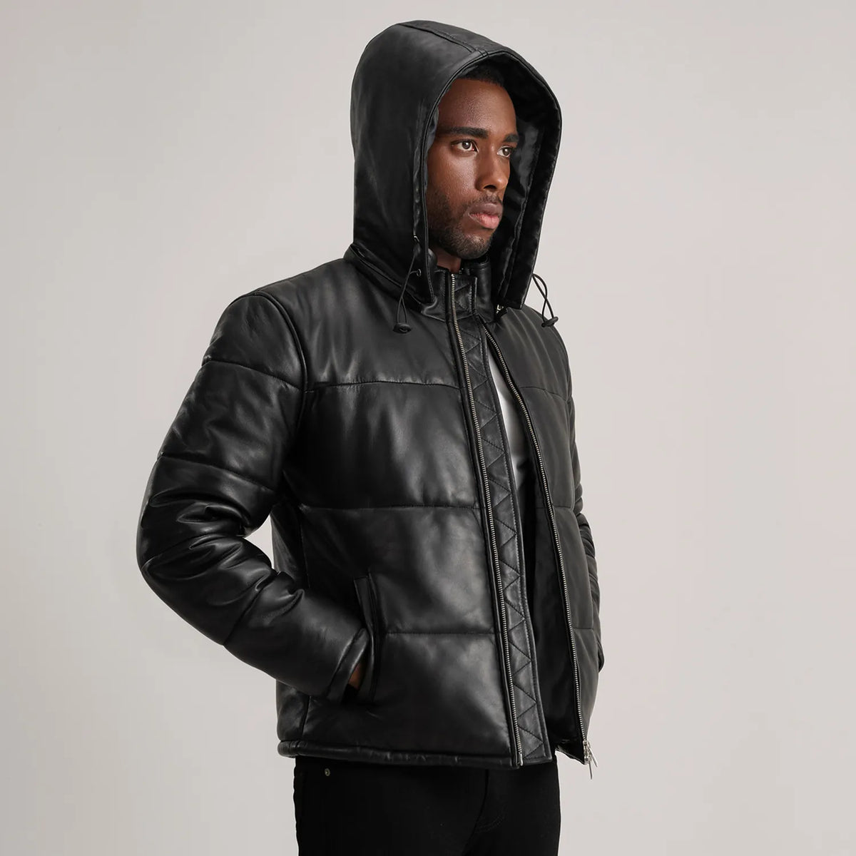 Gordon Black Hooded Leather Puffer Jacket - men's jacket in black sheepskin leather, view 2