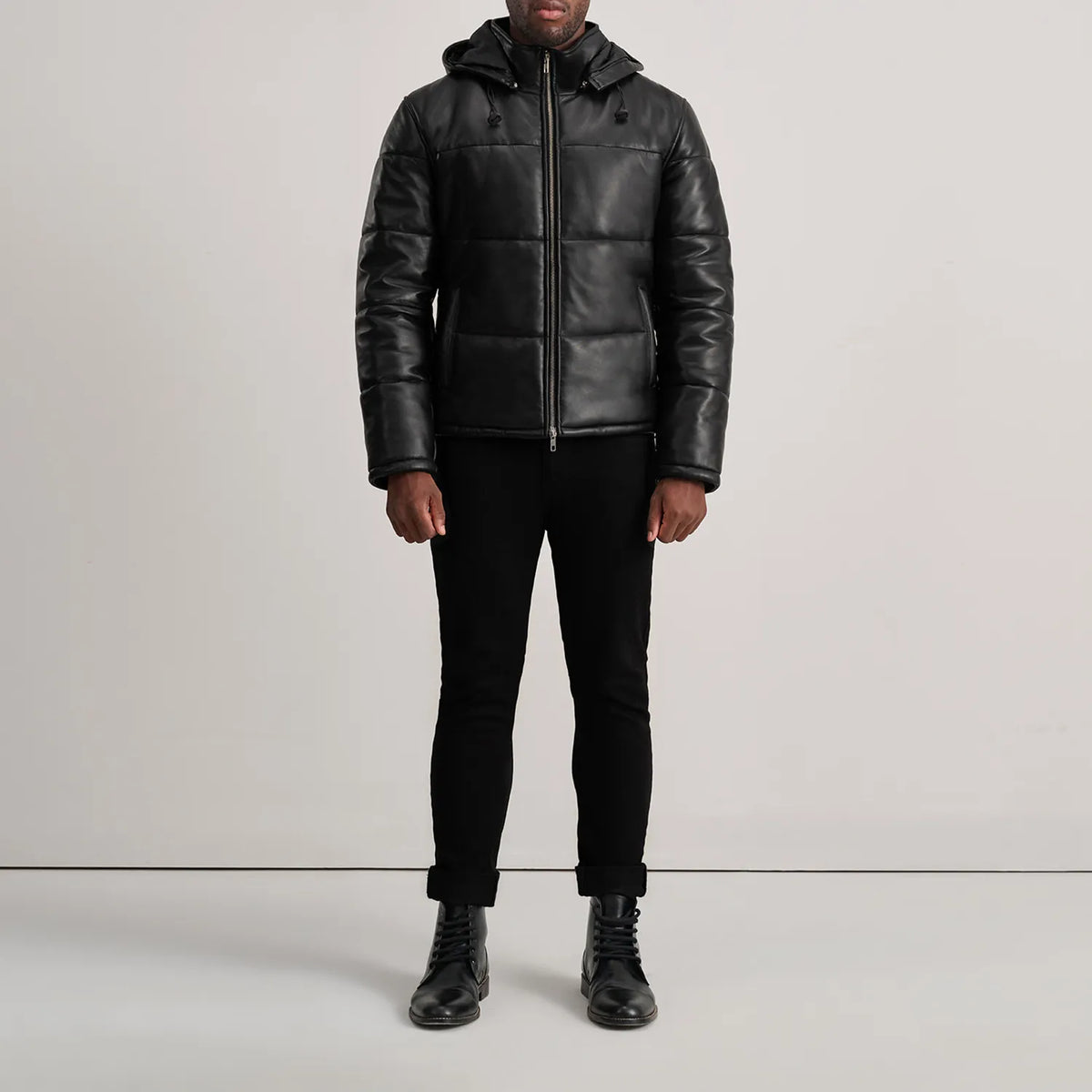 Gordon Black Hooded Leather Puffer Jacket - men's jacket in black sheepskin leather, view 3