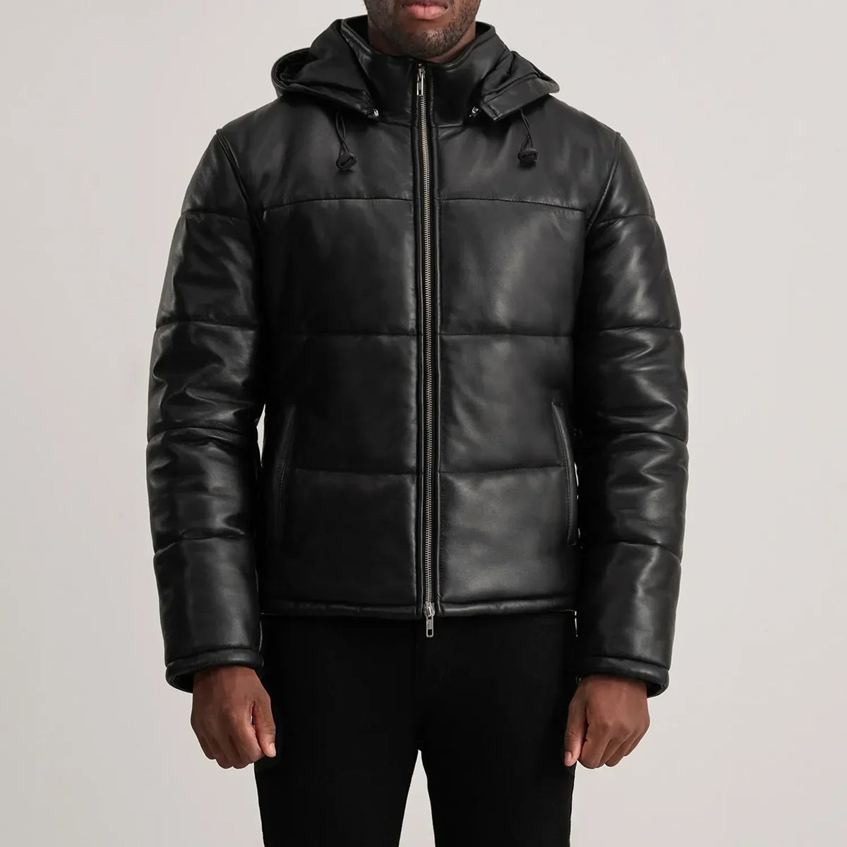 Gordon Black Hooded Leather Puffer Jacket - men's jacket in black sheepskin leather, view 4