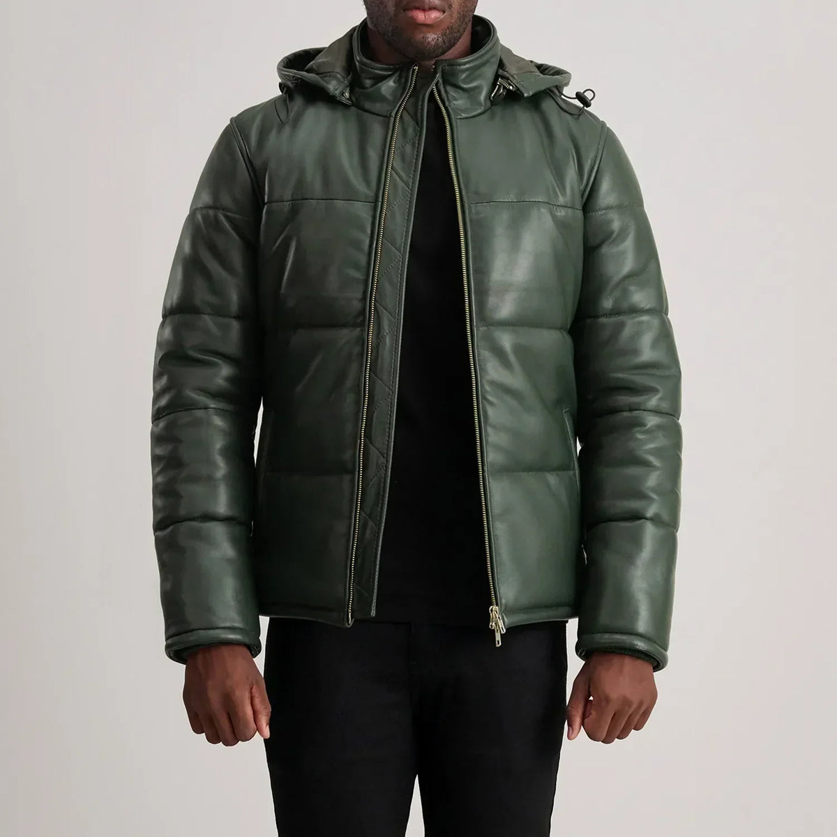 Gordon Green Hooded Leather Puffer Jacket - men's jacket in green sheepskin leather, view 1