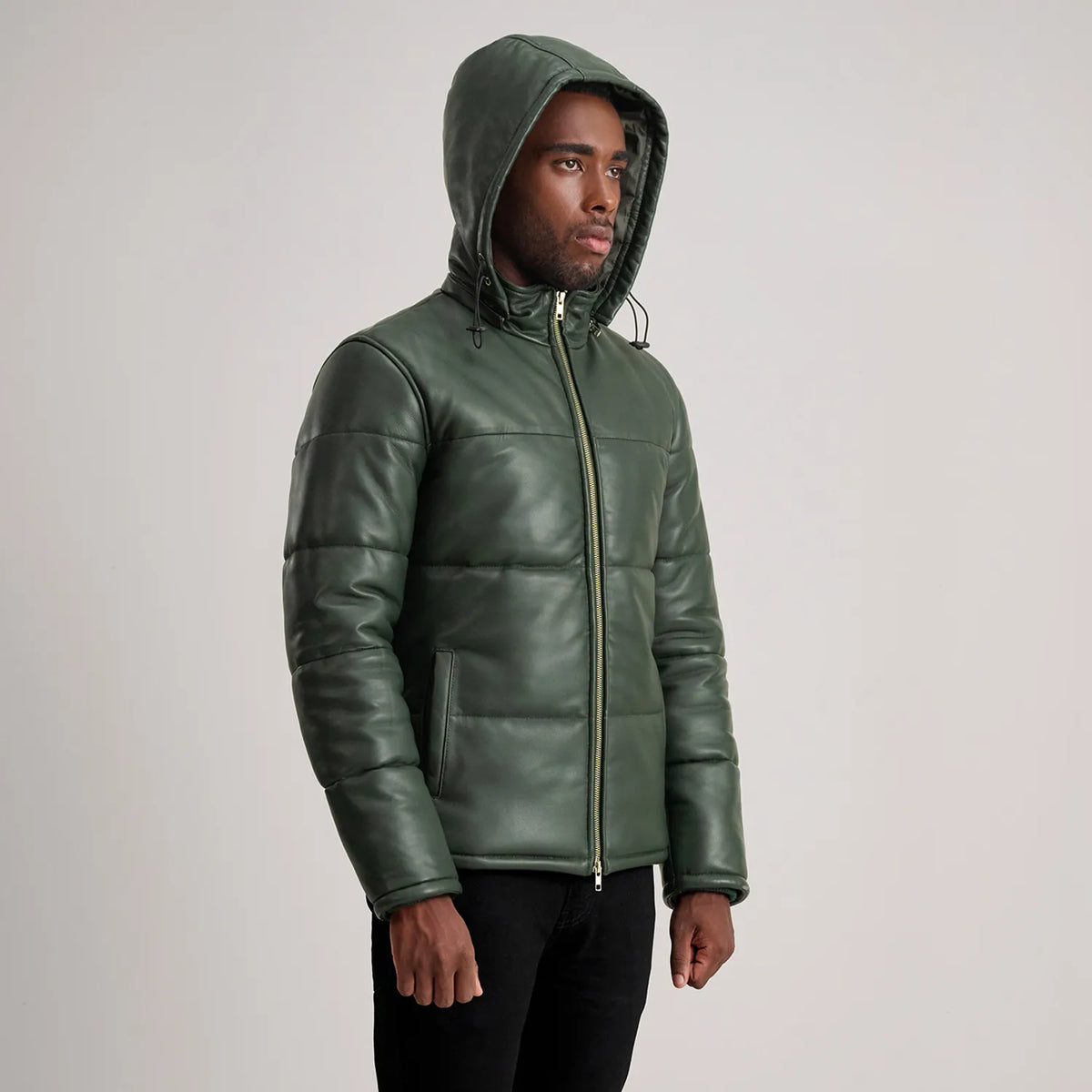 Gordon Green Hooded Leather Puffer Jacket - men's jacket in green sheepskin leather, view 2
