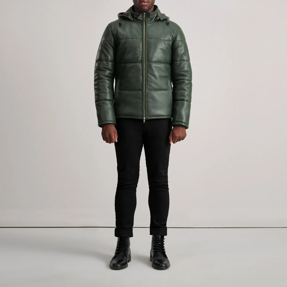 Gordon Green Hooded Leather Puffer Jacket - men's jacket in green sheepskin leather, view 3