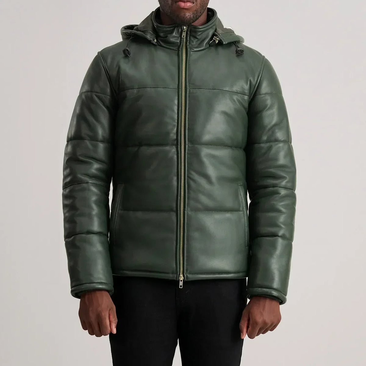 Gordon Green Hooded Leather Puffer Jacket - men's jacket in green sheepskin leather, view 4