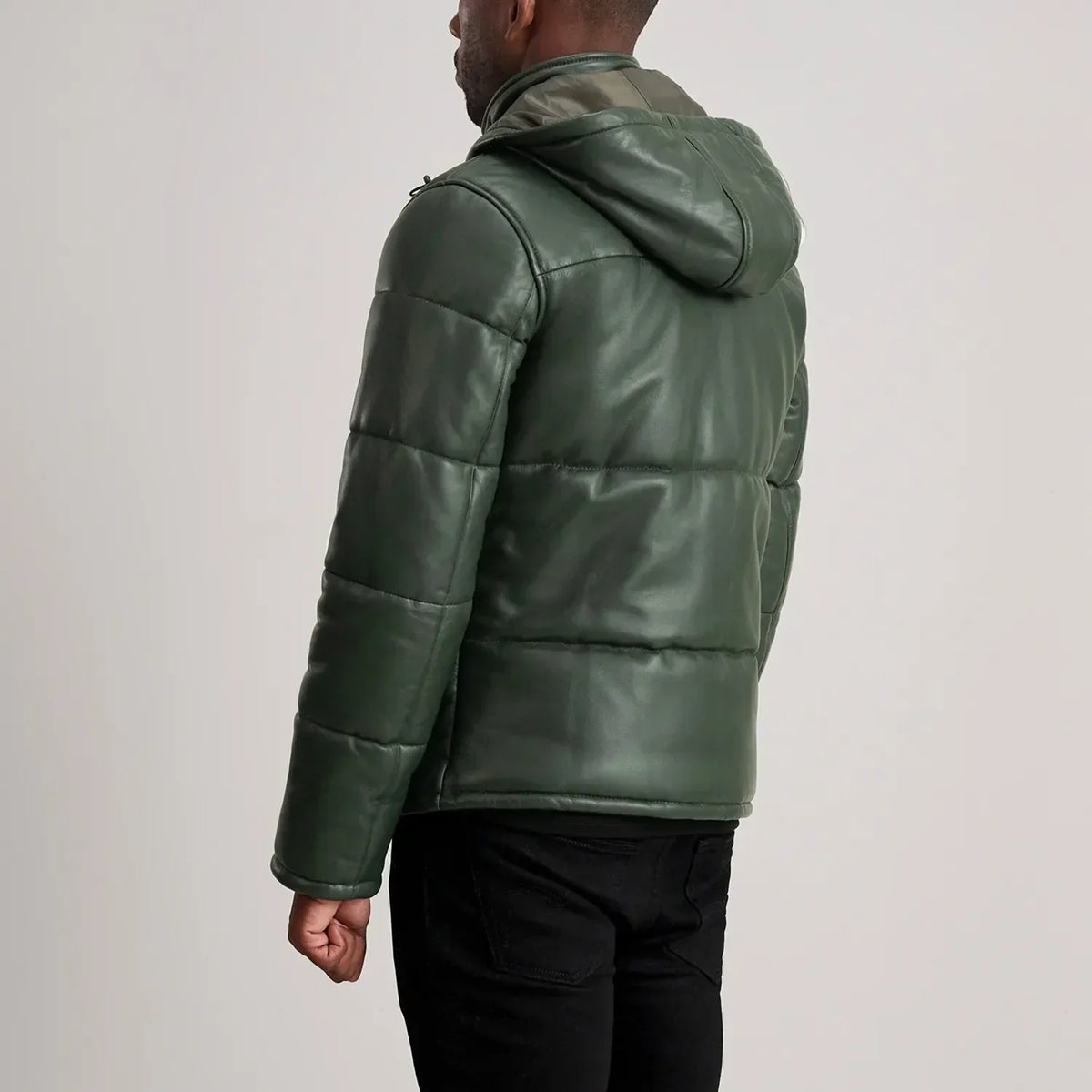 Gordon Green Hooded Leather Puffer Jacket - men's jacket in green sheepskin leather, view 5