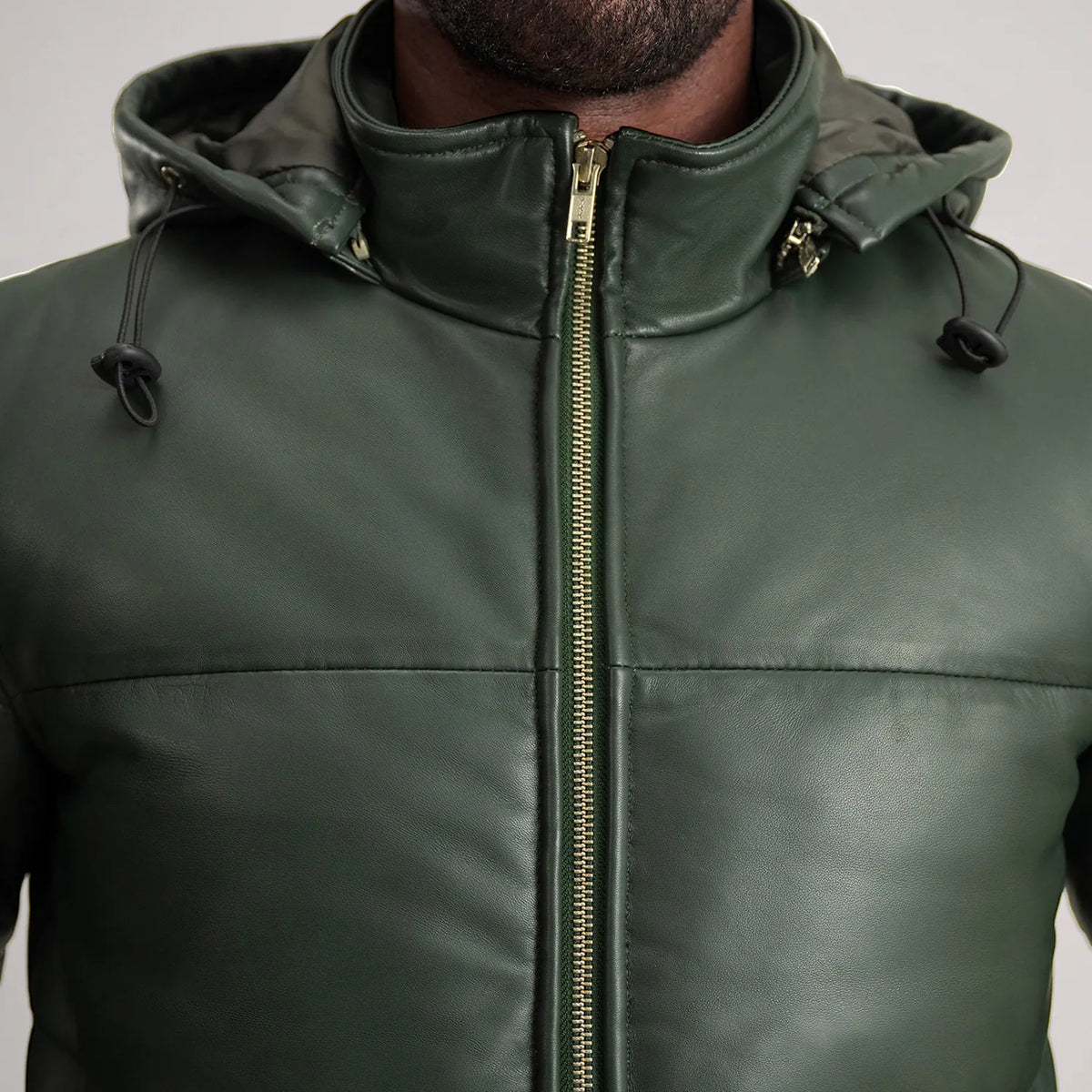 Gordon Green Hooded Leather Puffer Jacket - men's jacket in green sheepskin leather, view 6