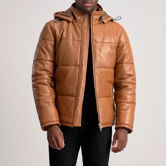 Gordon Tan Hooded Leather Puffer Jacket - men's jacket in tan sheepskin leather, view 1