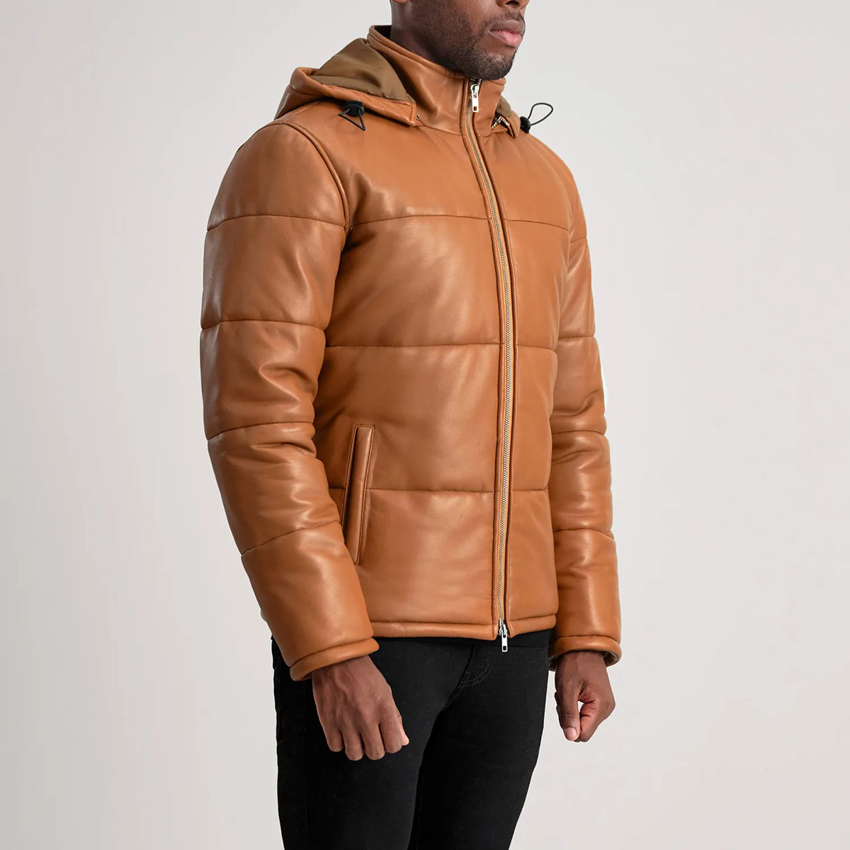 Gordon Tan Hooded Leather Puffer Jacket - men's jacket in tan sheepskin leather, view 2
