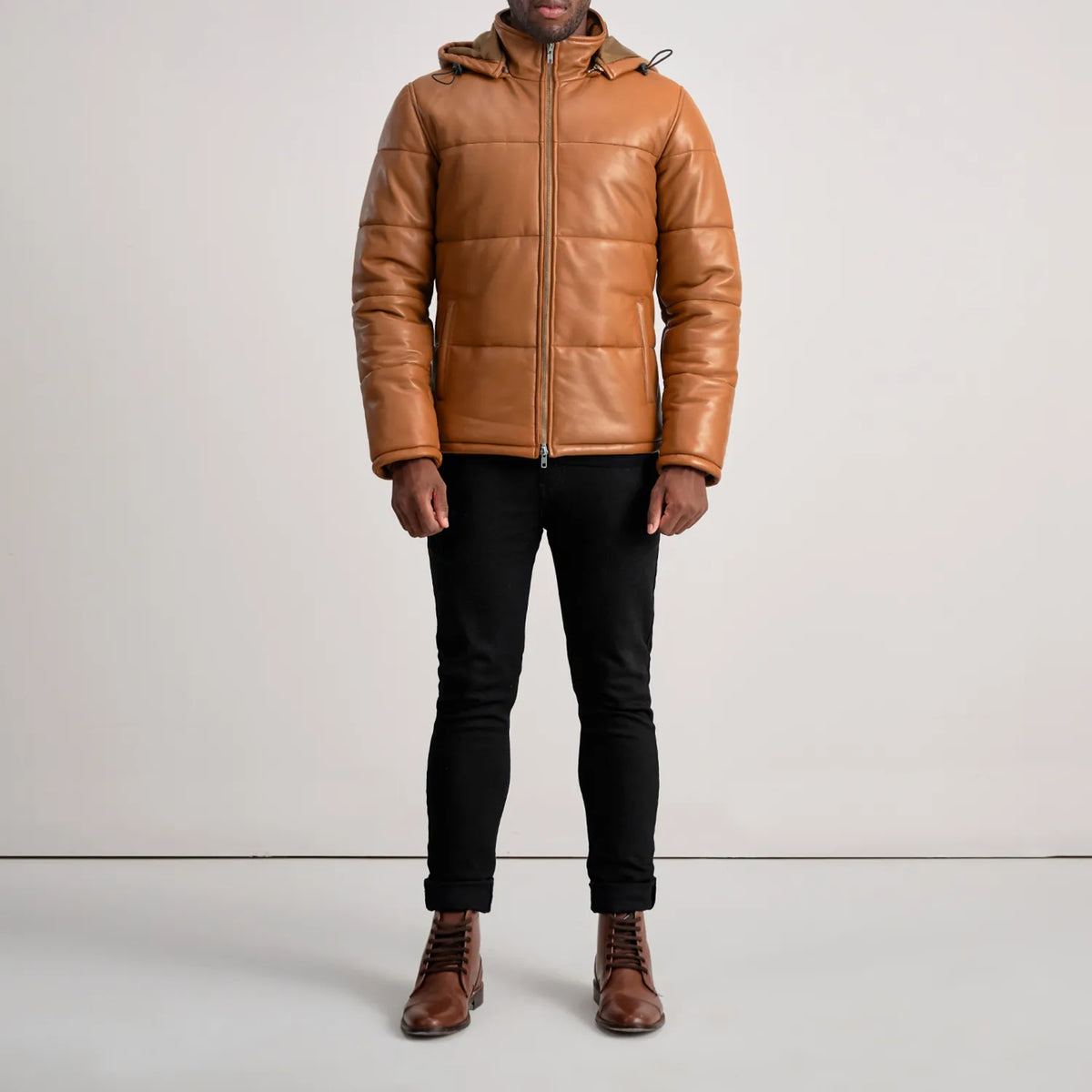 Gordon Tan Hooded Leather Puffer Jacket - men's jacket in tan sheepskin leather, view 3