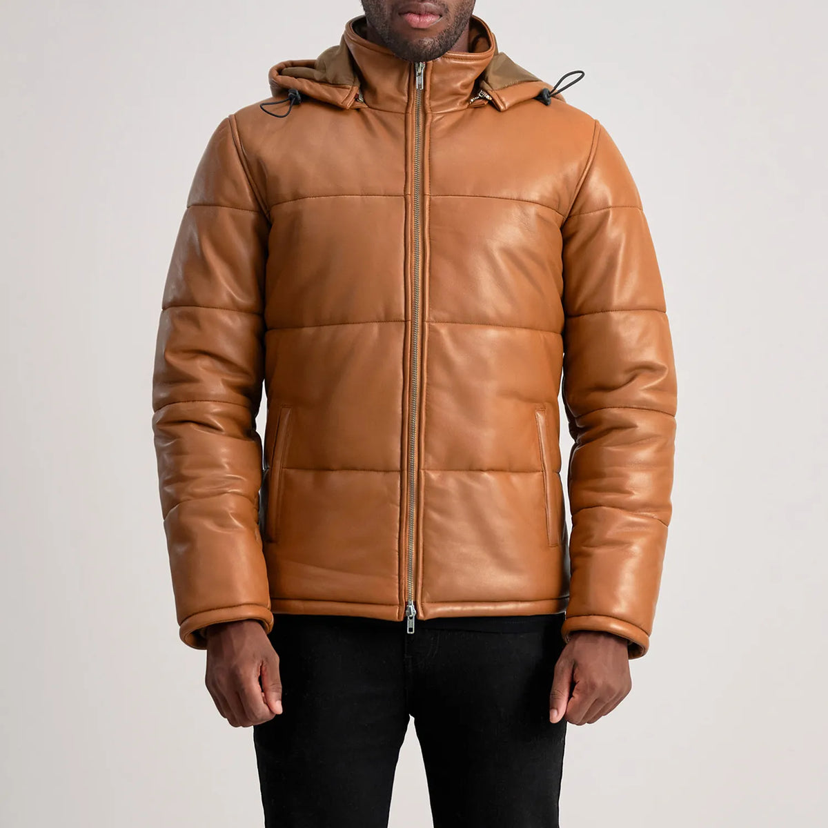 Gordon Tan Hooded Leather Puffer Jacket - men's jacket in tan sheepskin leather, view 4