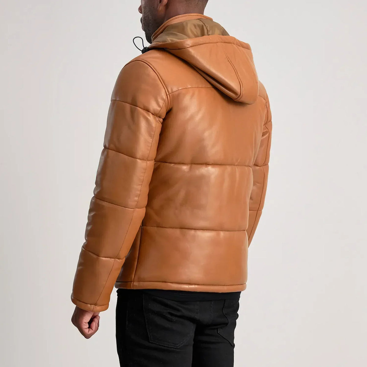 Gordon Tan Hooded Leather Puffer Jacket - men's jacket in tan sheepskin leather, view 5