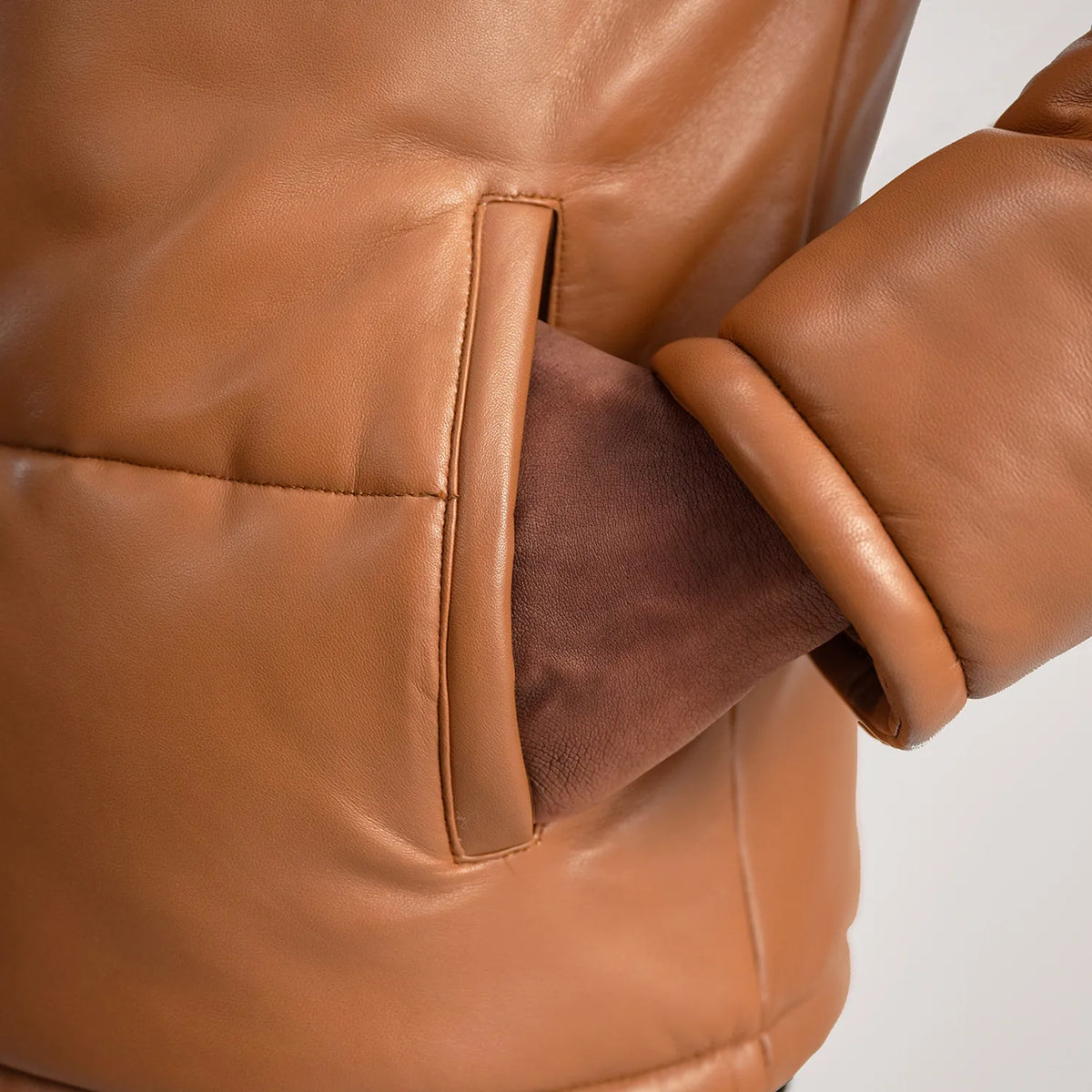 Gordon Tan Hooded Leather Puffer Jacket - men's jacket in tan sheepskin leather, view 6