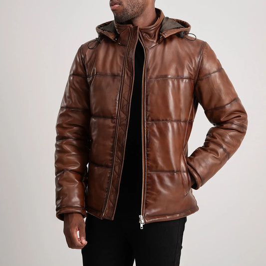 Gordon Waxed Brown Hooded Leather Puffer Jacket - men's jacket in brown sheepskin leather, view 1