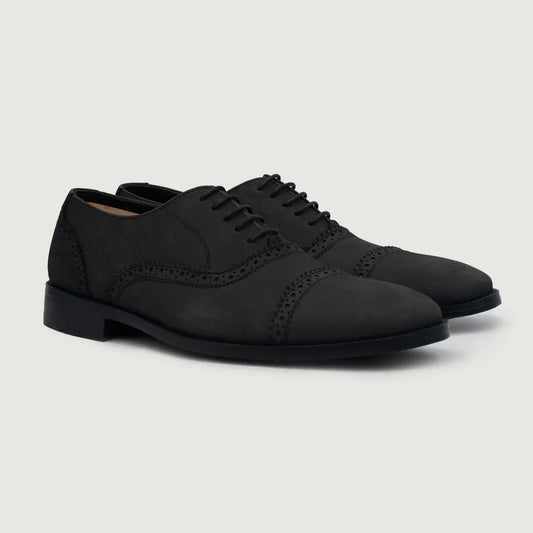 Greyson Brogues Oxford Black Nubuck Leather Shoes - men's shoes in black nubuck leather, view 1