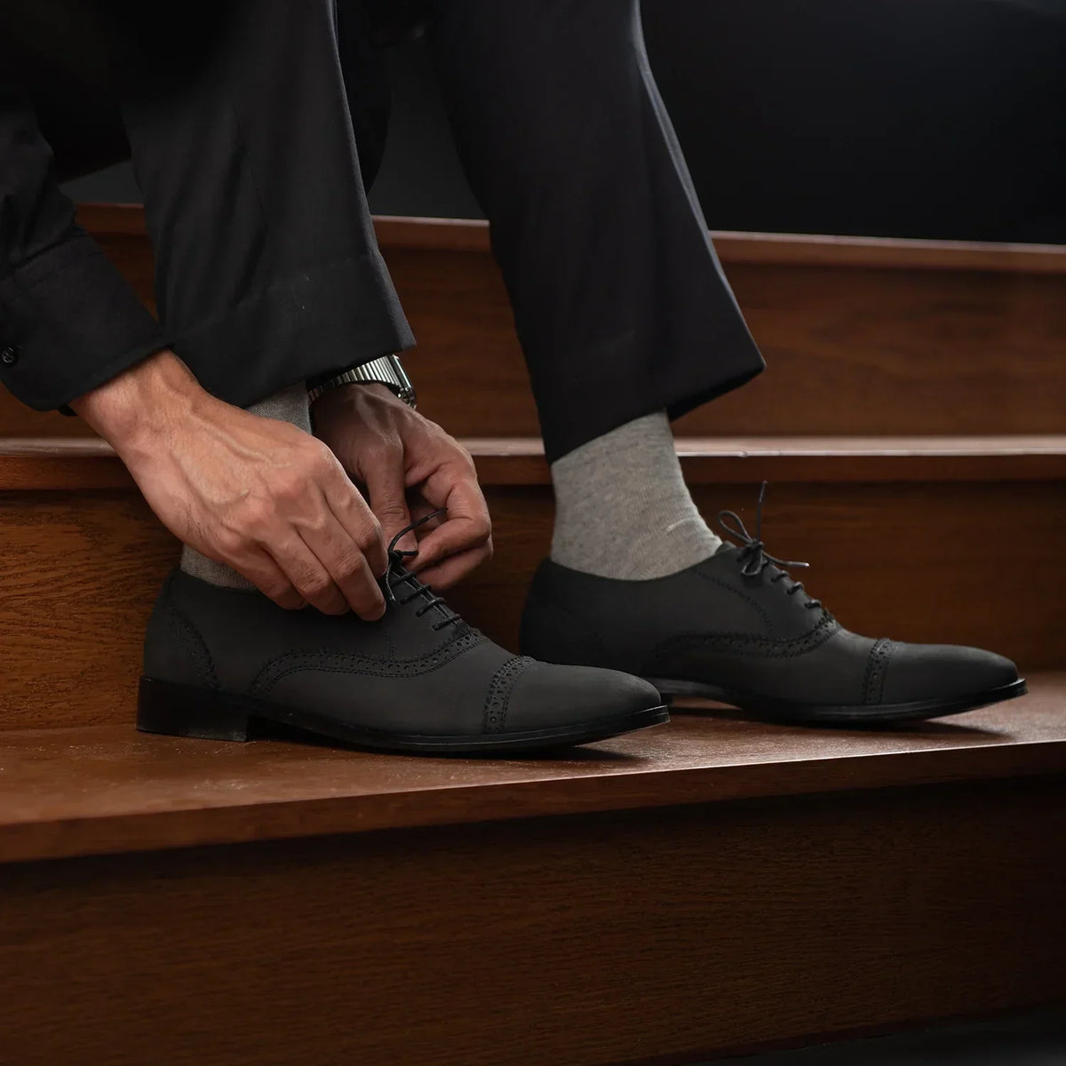 Greyson Brogues Oxford Black Nubuck Leather Shoes - men's shoes in black nubuck leather, view 9