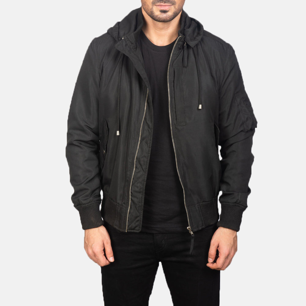 Hanklin Ma-1 Black Hooded Bomber Jacket - men's jacket in black premium leather, view 1