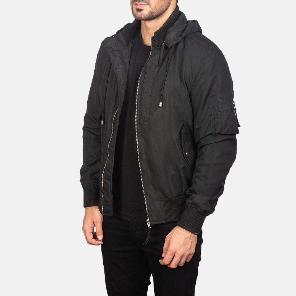 Hanklin Ma-1 Black Hooded Bomber Jacket - men's jacket in black premium leather, view 2