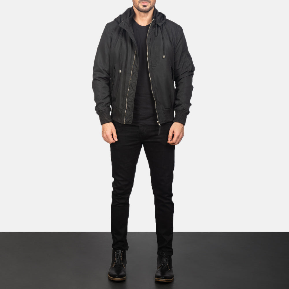 Hanklin Ma-1 Black Hooded Bomber Jacket - men's jacket in black premium leather, view 3