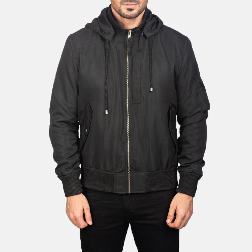 Hanklin Ma-1 Black Hooded Bomber Jacket - men's jacket in black premium leather, view 4