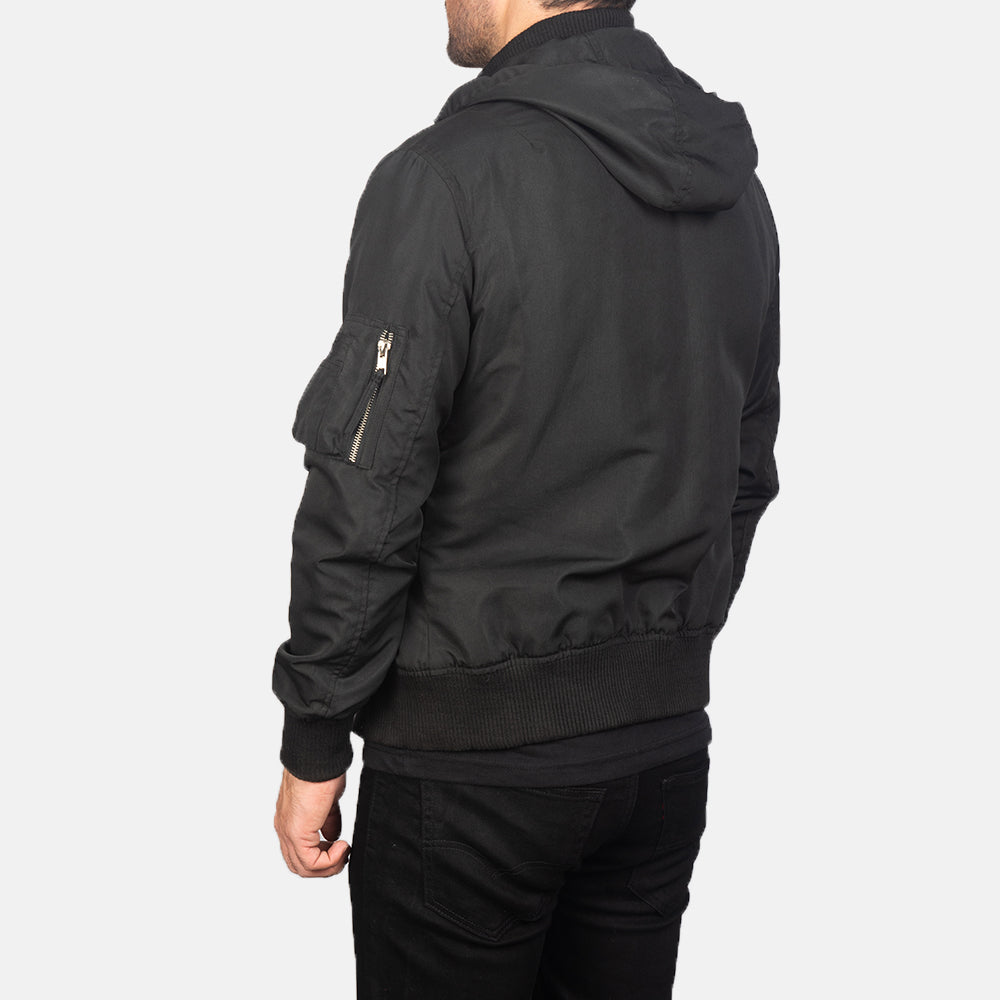 Hanklin Ma-1 Black Hooded Bomber Jacket - men's jacket in black premium leather, view 5