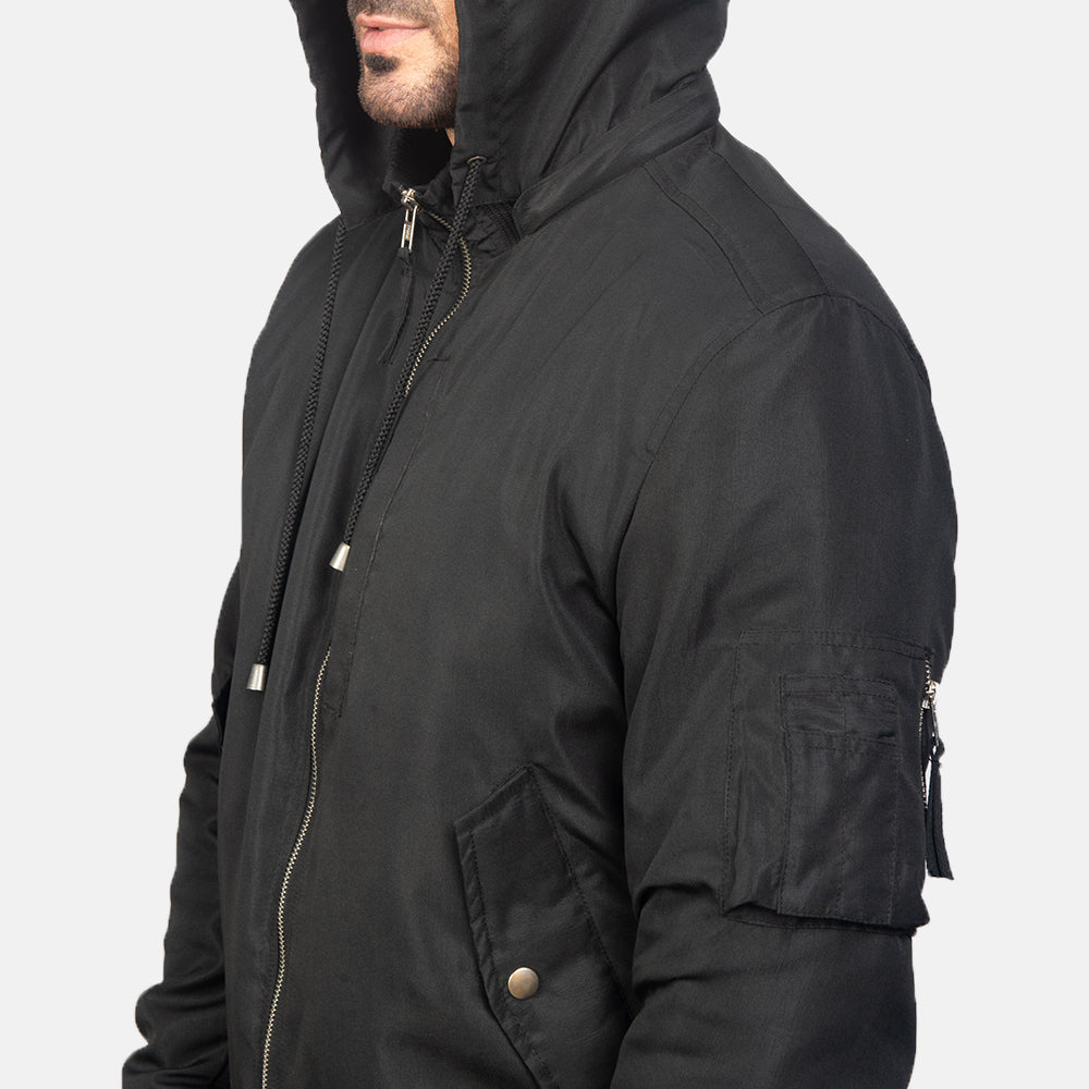 Hanklin Ma-1 Black Hooded Bomber Jacket - men's jacket in black premium leather, view 6