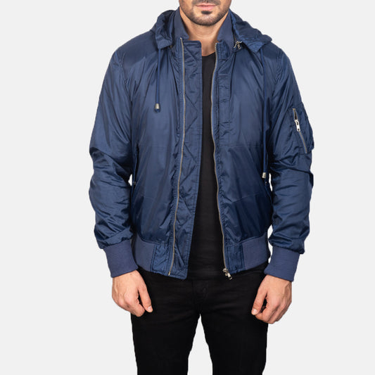Hanklin Ma-1 Blue Hooded Bomber Jacket - men's jacket in blue premium leather, view 1