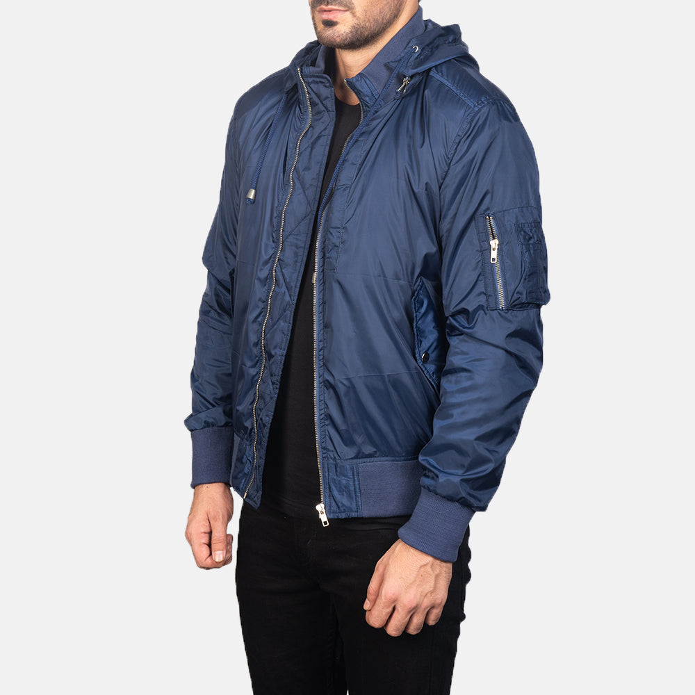 Hanklin Ma-1 Blue Hooded Bomber Jacket - men's jacket in blue premium leather, view 2