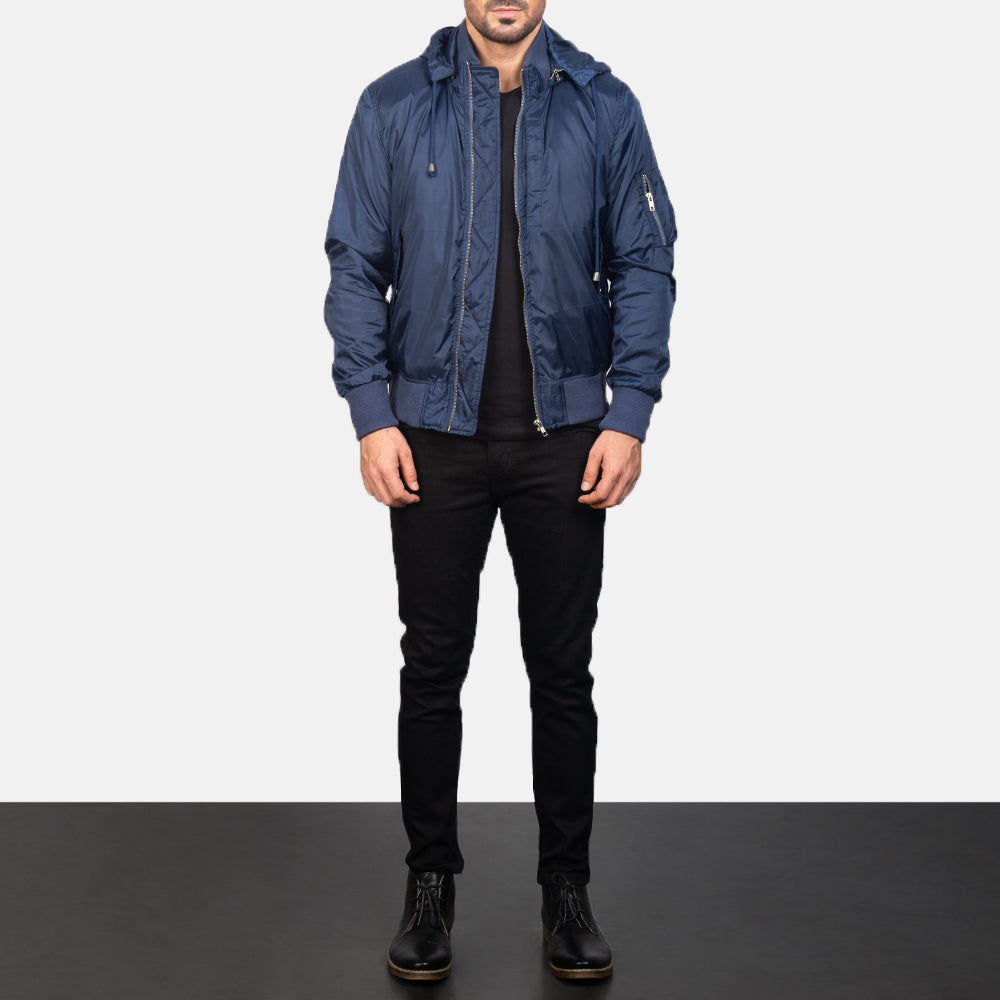 Hanklin Ma-1 Blue Hooded Bomber Jacket - men's jacket in blue premium leather, view 3
