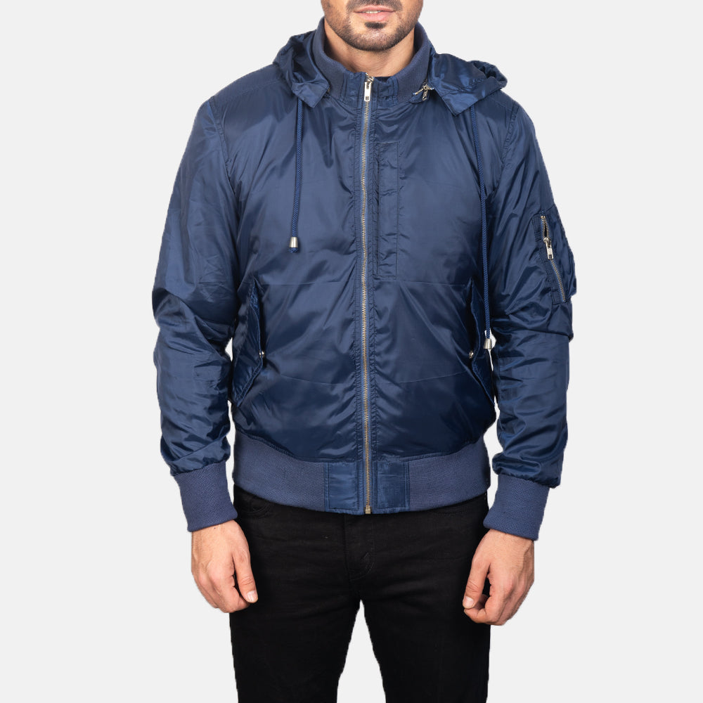 Hanklin Ma-1 Blue Hooded Bomber Jacket - men's jacket in blue premium leather, view 4